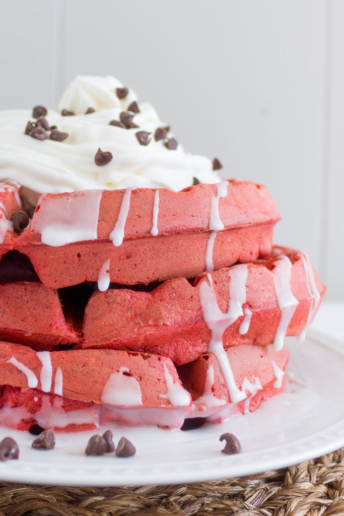 Red Velvet Belgian Waffles with Cream Cheese Glaze